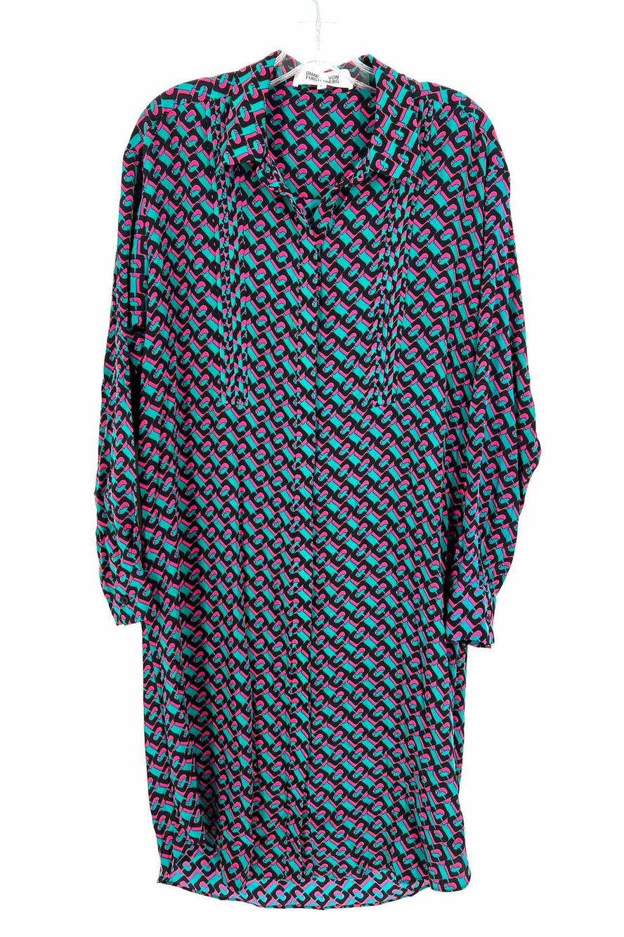 Diane Von Furstenberg Size M Teal/Black Print Silk Dresses Dress